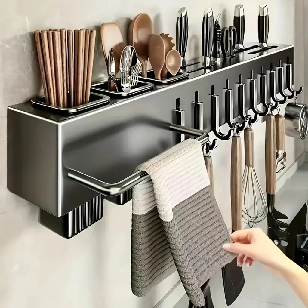 Heavy Duty Carbon Steel Wall Mounted Kitchen Organizer, No Drill Knife Rack for Knives Utensils Cutting Boards, Space Saving