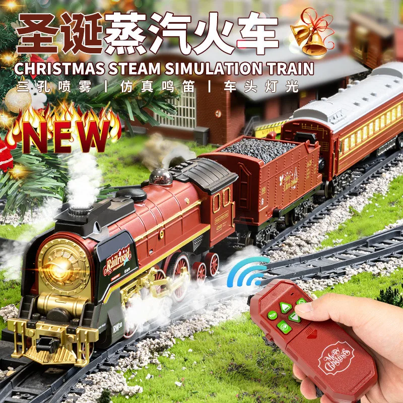 Christmas Electric Train Set Remote Control Rail Car Classical Simulation With LED Light Simulated Sound Cargo Cars & Tracks,