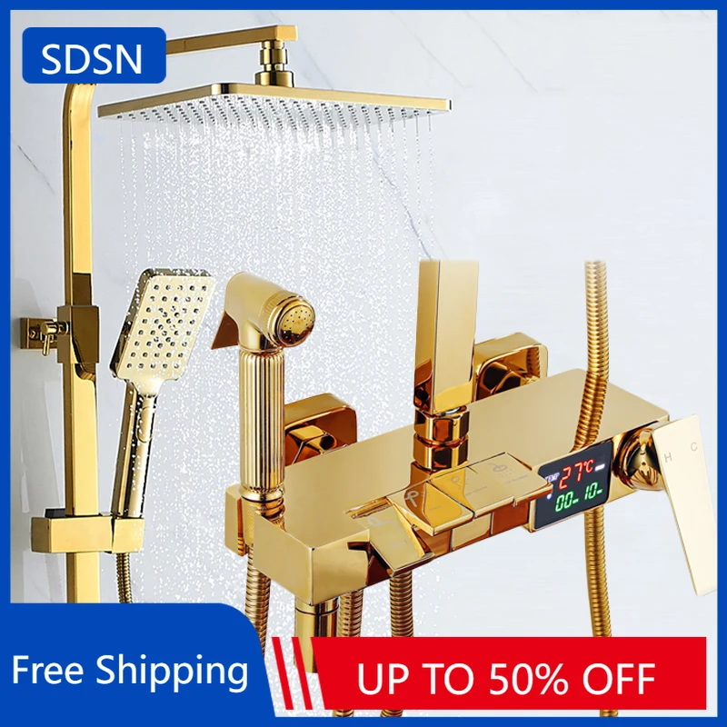 Gold Piano Digital Display Bathroom Shower Set Brass Bathroom Faucet Accessories Thermostatic Digital Bathroom Shower System