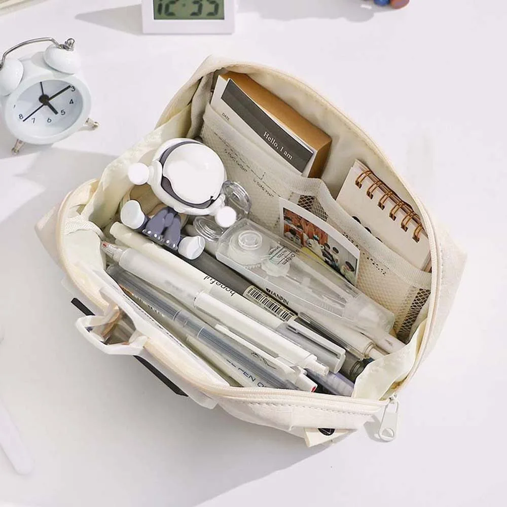 Desktop Storage Leather Stationery Bag Korean Style Large Capacity Big Pencil Bag Aesthetic Cream White Yellow INS Pencil Pouch