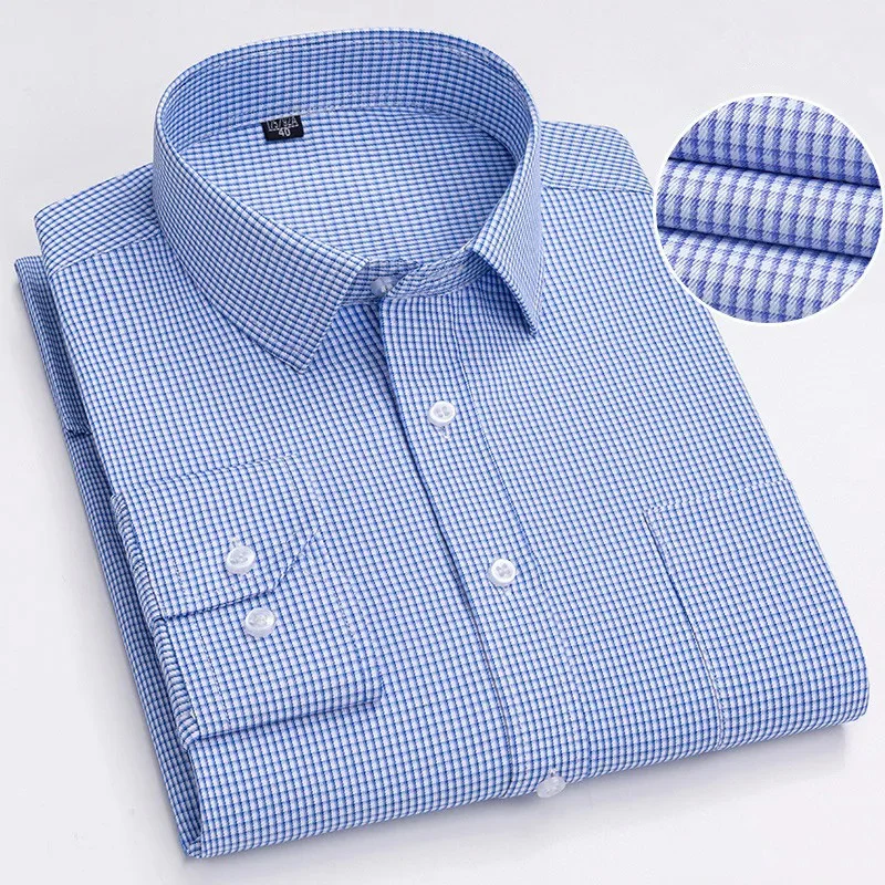 Plaid Striped Checked Men's Business Casual Shirts Cotton Regular Fit Long Sleeve White Blue Social Work Dress Shirts GOZBKF