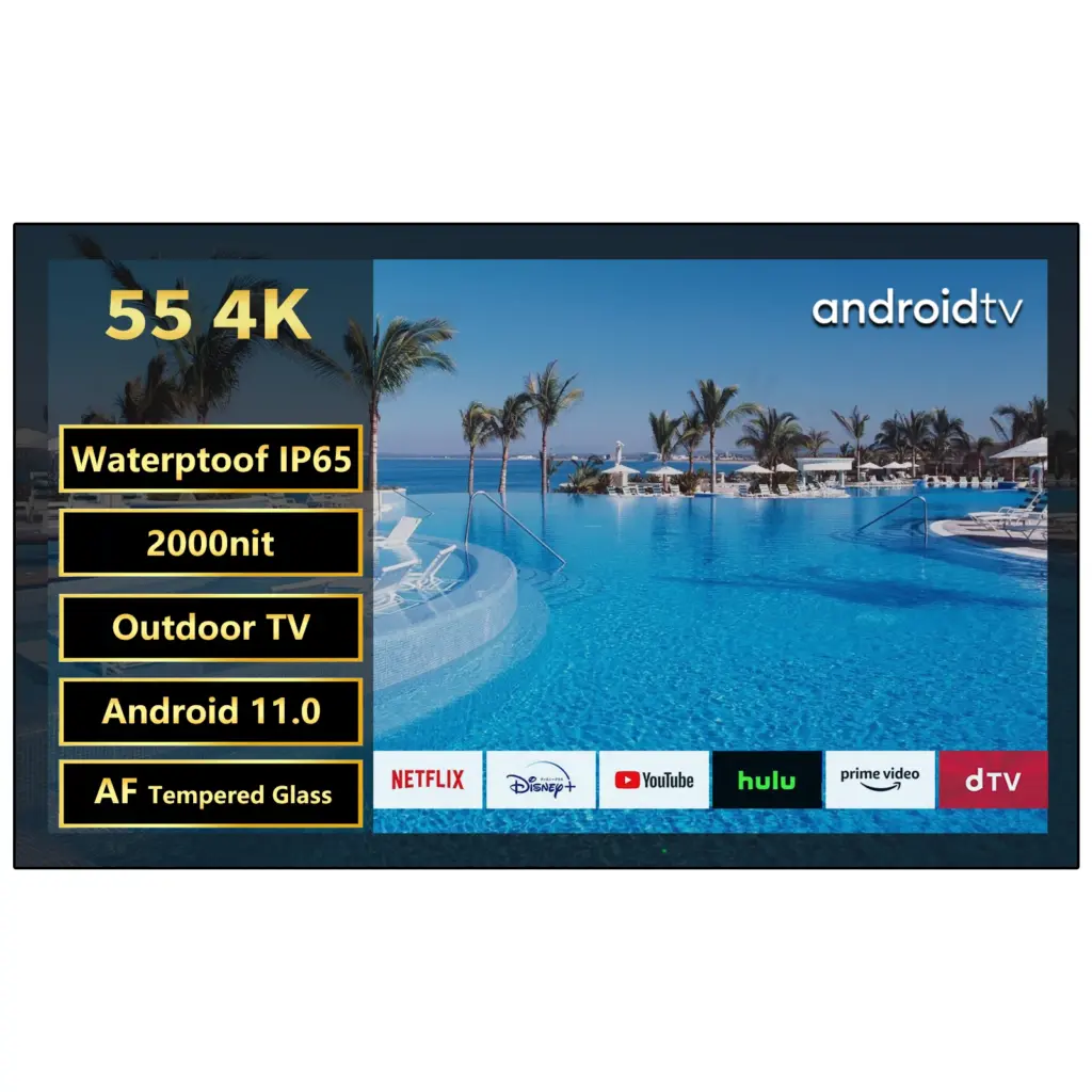 Soulaca 55-inch Waterproof Smart Android Outdoor TV 2000nits Full Sun TV 4K Dolby Atmos HDR 10 Weatherproof Television Support