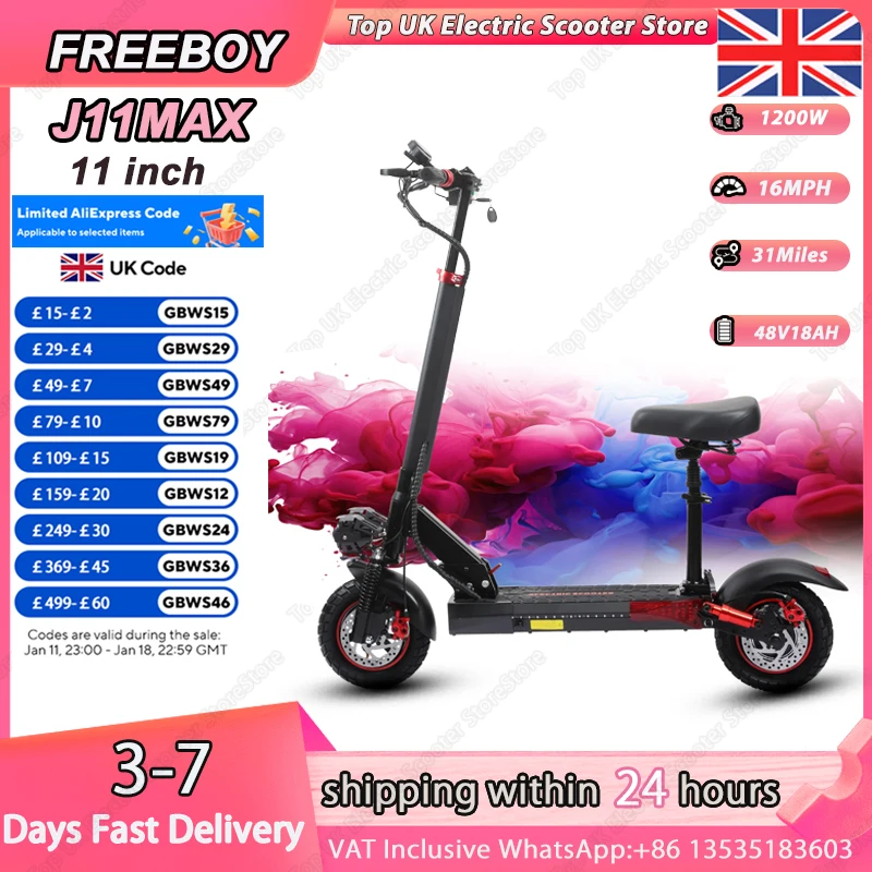 FREEBOY J11MAX E-Scooter 1200W Motor 48V18AH Battery Maximum gradient 25% Electric Scooter 11 Inch Off-Road Tire Adults Scooter