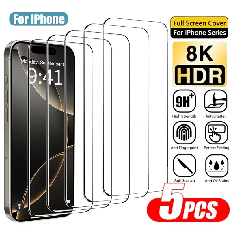 1-5PCS Screen Protector For iPhone 16 17 Pro Max Air 13 11 15 14 Plus 16E 12 Mini XR Xs X 7 8 17promax Protective Tempered Glass