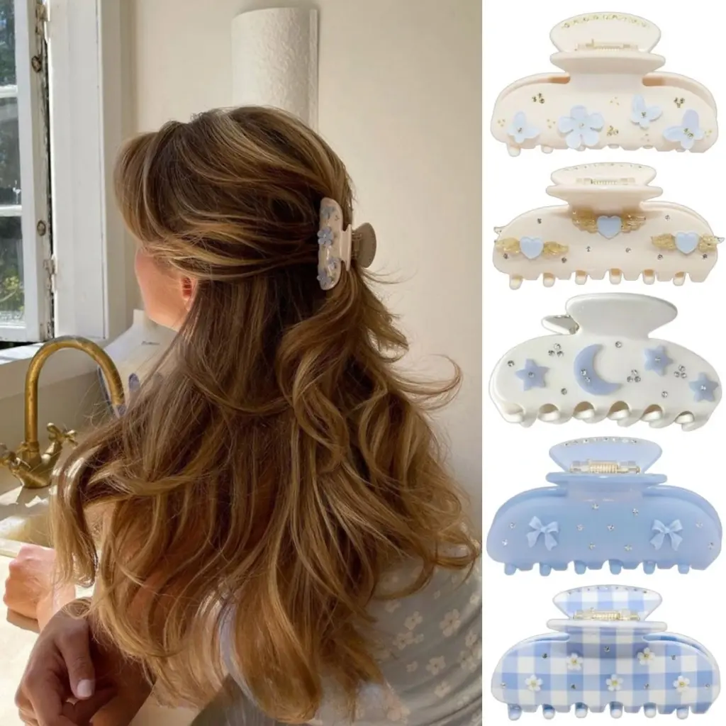 Blue Butterfly Hair Claw Clips for Women Medium Acrylic Jaw Clips Romantic Floral Moon Rhinestone Hair Accessories Elegant Gift