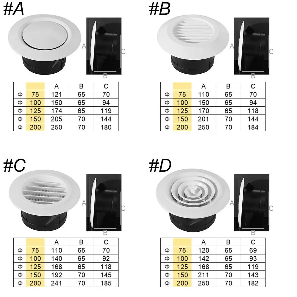 Adjustable Round Air Vent Extract Valve White Plastic Air Vent Extract Valve Grille Wall Mount 75-200mm