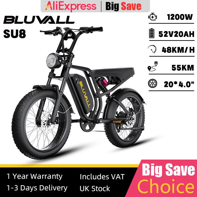 BLUVALL SU8 E-bike 1200W 52V 20Ah 20*4.0 Inch Fat Tire Electric Bicycle Retro Mountain Snow Adult Electric Bike Hydraulic brake