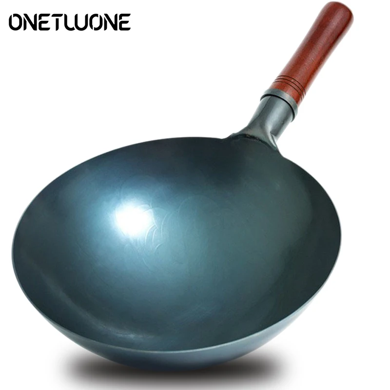 Chinese Traditional Iron Wok No Coating Wooden Handle Non-stick Pan Kitchen Cookware Outdoor Kitchen Cookware for Gas Stove