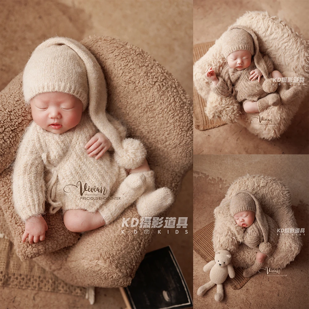 0-1 Month Newborn Photography Scenes Props Knitted Baby Costume Set Teddy Bear Doll Coffee Maker Props Studio Photo Accessories