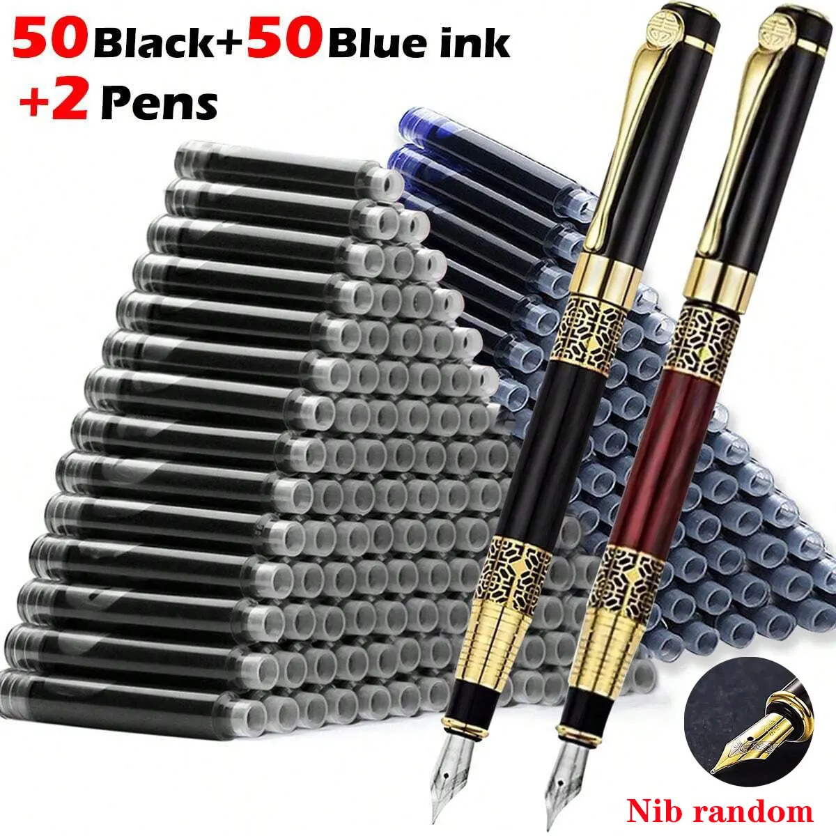1-100Pcs/Set Retro Metal Fountain Pen Replaceable Ink Elegant Gift for Writing Stationery Office School Supplies