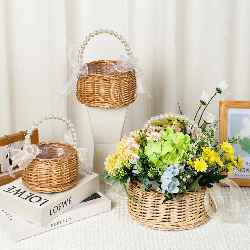 1 PC Handheld Pearl Flower Basket with Souvenirs, Flower Arrangement Basket for Flower Shops, Household Storage Basket