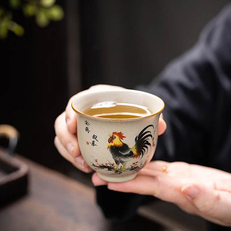 1 Pc Chinese Zodiac Rooster Ceramic Tea Cup Handmade Vintage Pottery Tea Bowl Teaware Master Teacup Personal Meditation Cup