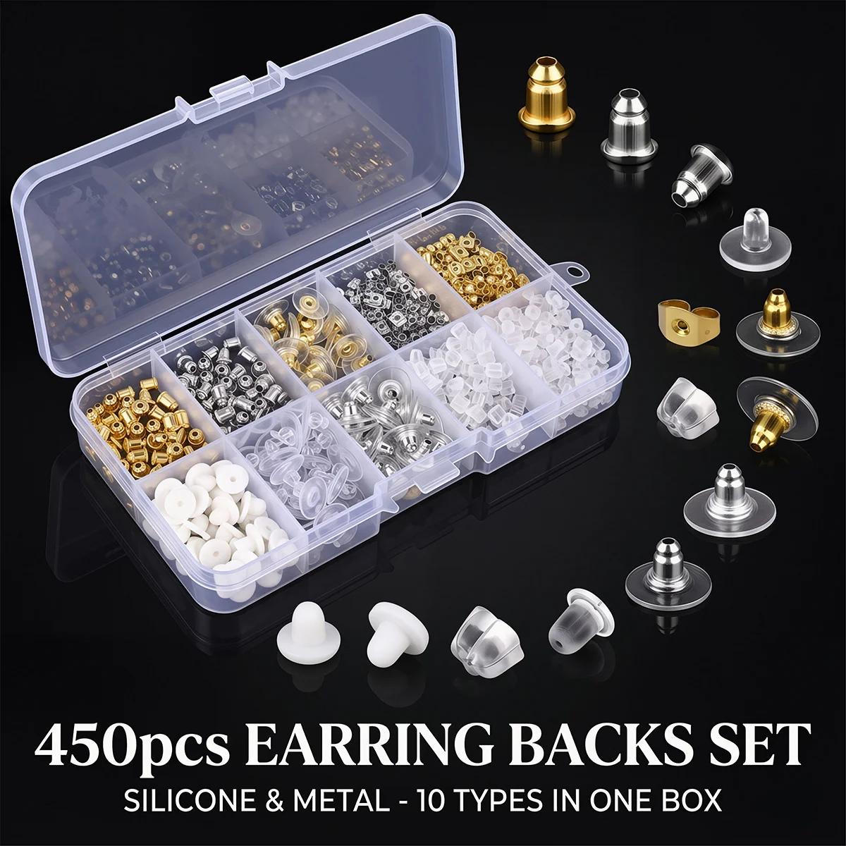 10 Grid Earring Accessories Organizer Box (Plugs, Back Stoppers, Nuts) | 10 Styles Mixed Pack of 450pcs for DIY Jewelry Making