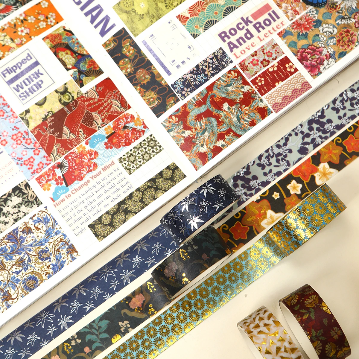 10 Rolls Floral Washi Tape Set with Gold Foil, Cherry Blossom Design for Scrapbooking, Journaling, DIY Gifts and Decoration