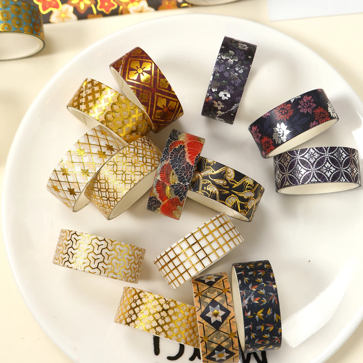 10 Rolls Floral Washi Tape Set with Gold Foil, Cherry Blossom Design for Scrapbooking, Journaling, DIY Gifts and Decoration