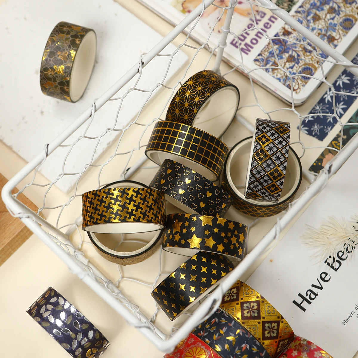 10 Rolls Floral Washi Tape Set with Gold Foil, Cherry Blossom Design for Scrapbooking, Journaling, DIY Gifts and Decoration