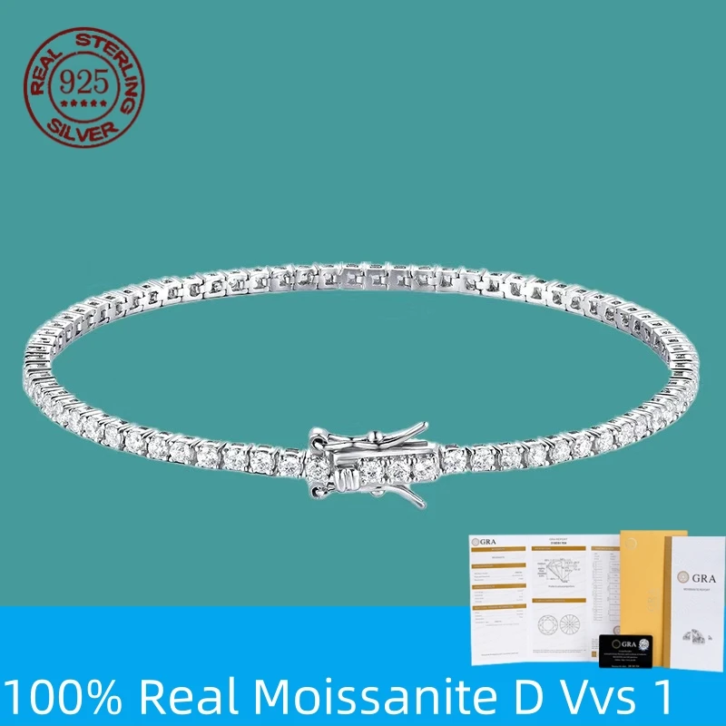 100% S925 Sterling Silver 2-6mm Real Moissanite Tennis Bracelet for Women Wedding Jewelry Christmas Exquisite Gift