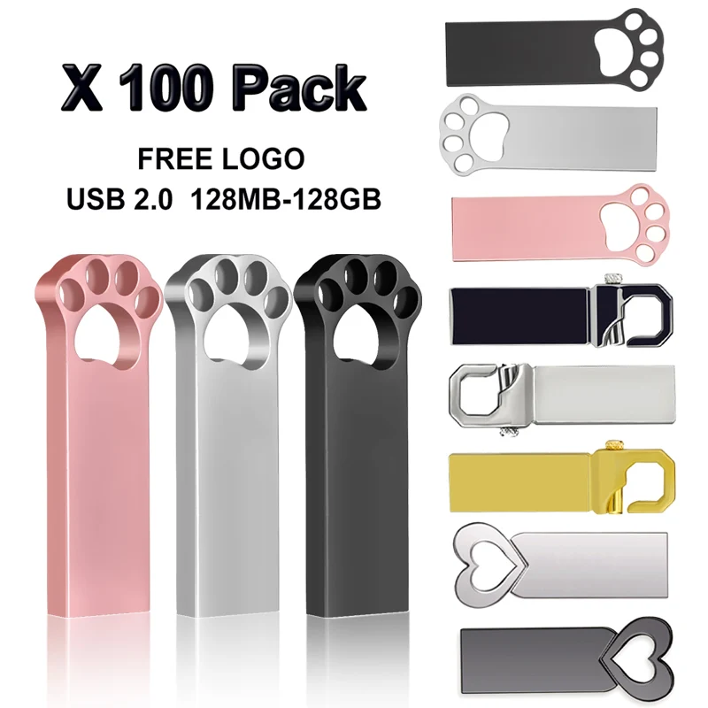 100Pcs/lot Free Custom LOGO Metal USB Pendrive 1GB 2GB 4GB 8GB 16GB Flash Pen Drive 32GB Memory Stick 64GB Company Gift U-disk
