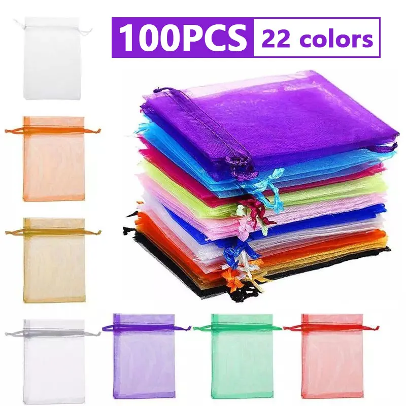 100pcs 7x9cm 10x12cm Colorful Organza Bag Packing Bag Sachet Organza Gift Bags For Jewelry Wedding Party Decor Drawstring Pouche