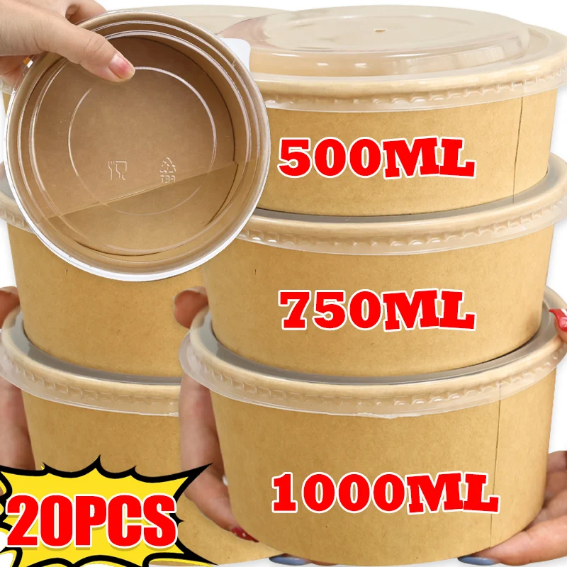10/20Pcs Round Kraft Paper Lunch Box Disposable Paper Salad Bowls with Lids Home Kitchen Food Containers Dinnerware Bento Boxes
