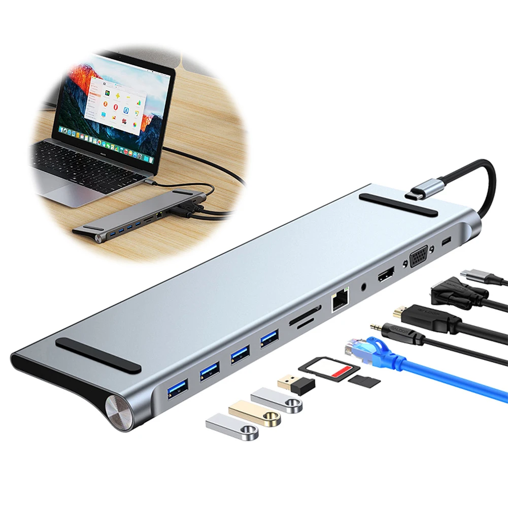 11 in 1 USB C Docking Station USB C Hub with 4K HDMI-Compatible VGA Ethernet 100W PD SD/TF Audio 1* USB 3.0 3*USB2.0