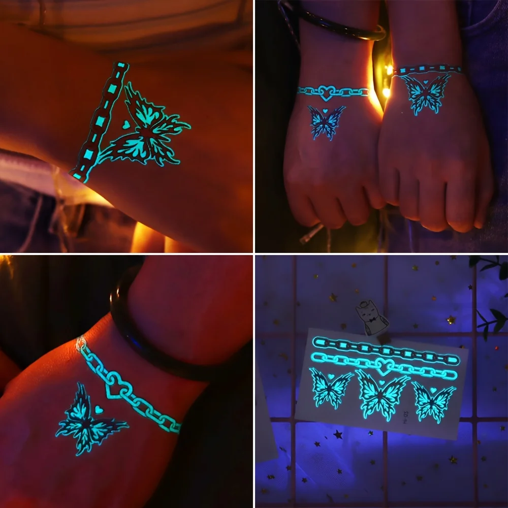 12 Sheets Butterfly Luminous Temporary Tattoo Blue Glow In the Dark Tattoo Sticker For Women Hands Face Tattoo Music Party Decor