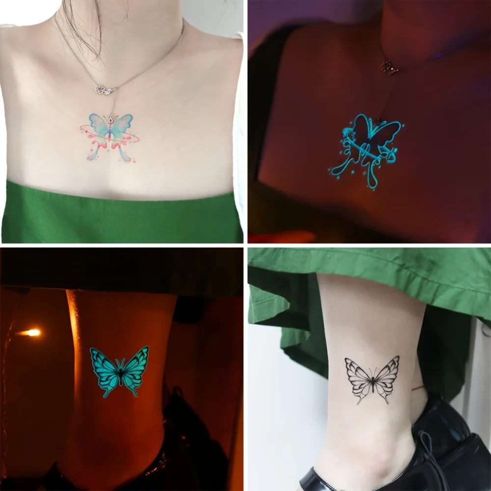 12 Sheets Butterfly Luminous Temporary Tattoo Blue Glow In the Dark Tattoo Sticker For Women Hands Face Tattoo Music Party Decor