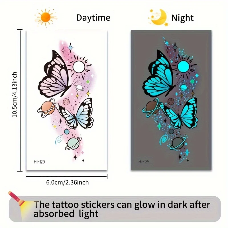 12 Sheets Butterfly Luminous Temporary Tattoo Blue Glow In the Dark Tattoo Sticker For Women Hands Face Tattoo Music Party Decor