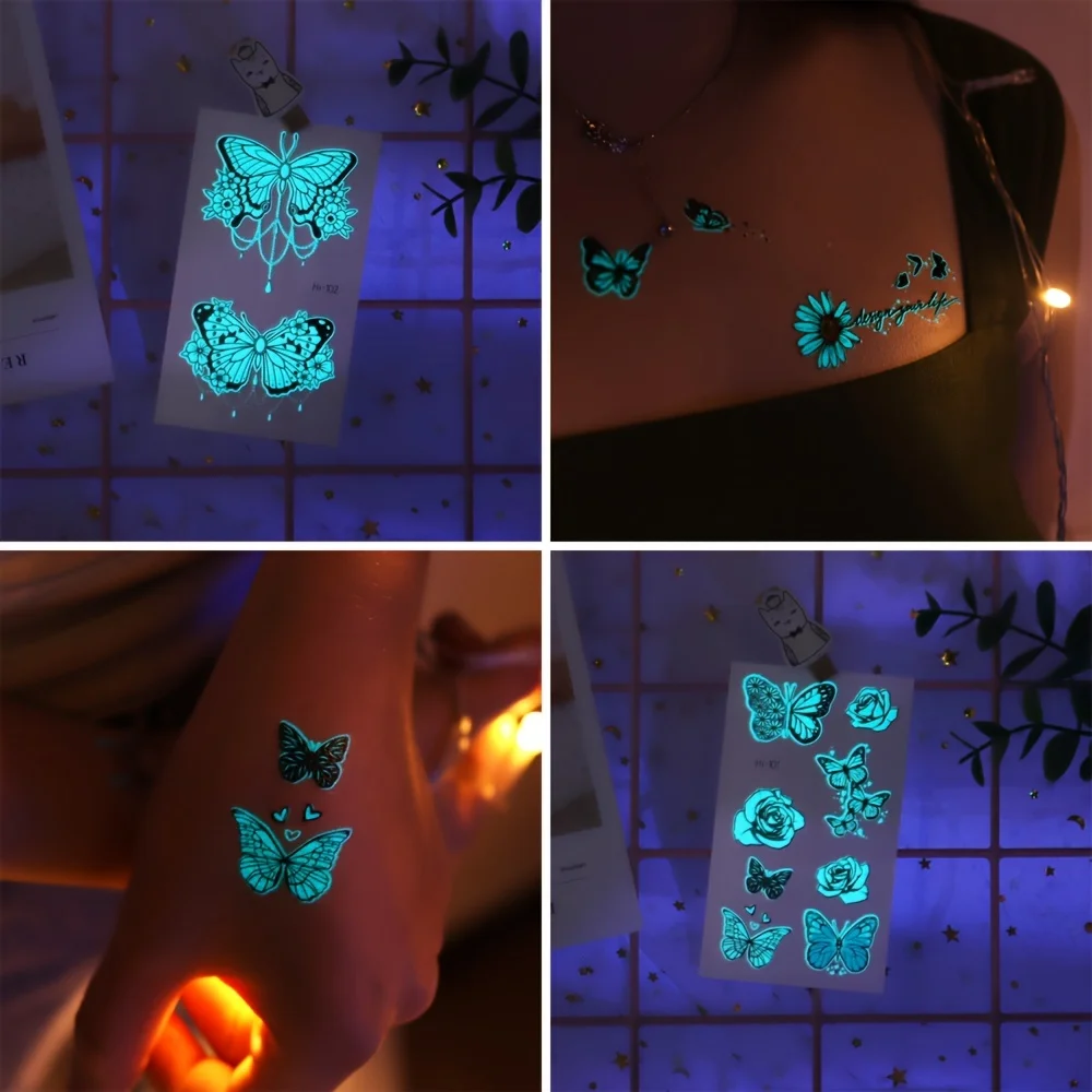 12 Sheets Butterfly Luminous Temporary Tattoo Blue Glow In the Dark Tattoo Sticker For Women Hands Face Tattoo Music Party Decor