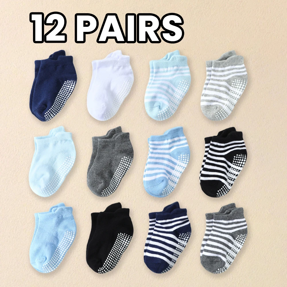 12 pairs solid-color anti-slip boys' socks, striped baby walking socks, kid's adhesive trampoline socks