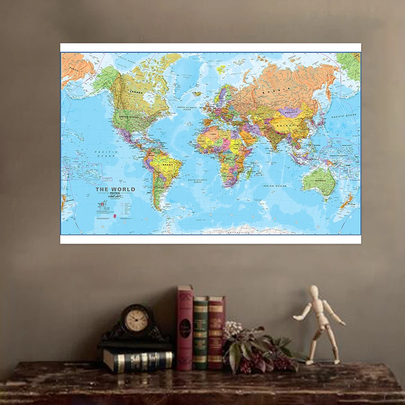 120*80cm Political Map of The World Unframed Picture Wall Art Poster Vinly Canvas Painting Classroom Supplies Home Decoration
