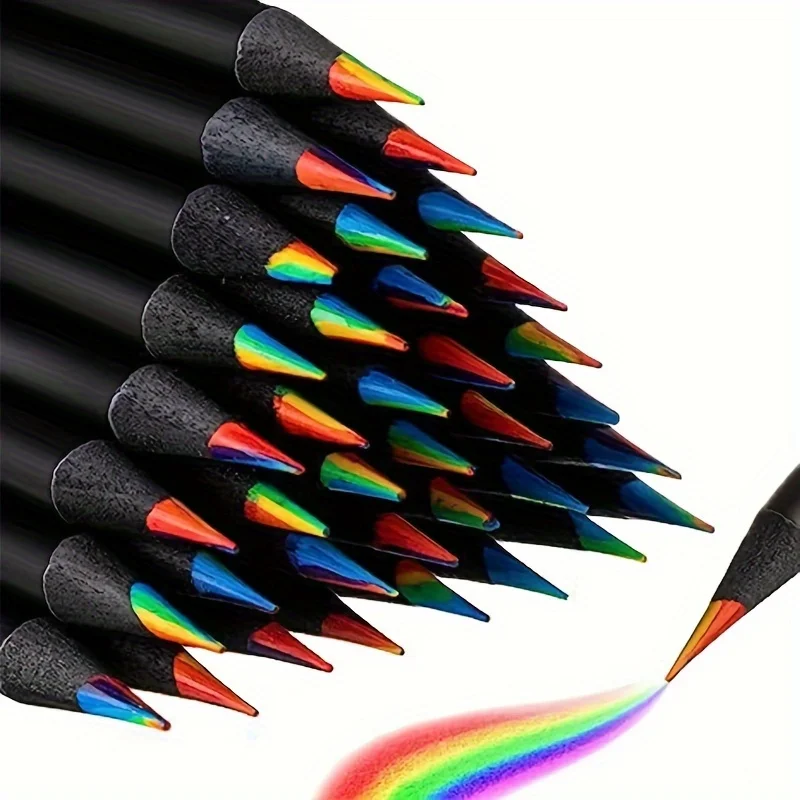 12pcs/mix 7 Colors In 1 Rainbow Wooden Pencils,Black Wood Colored Concentric Crayons Art School Supplies For Classroom,Painting