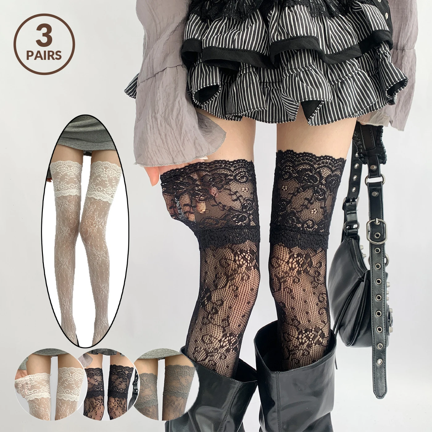 1/3pairs Women's Sexy Lace Floral Fishnet Stockings Y2k JK Lolita Thigh High Socks Over Knee Long Socks