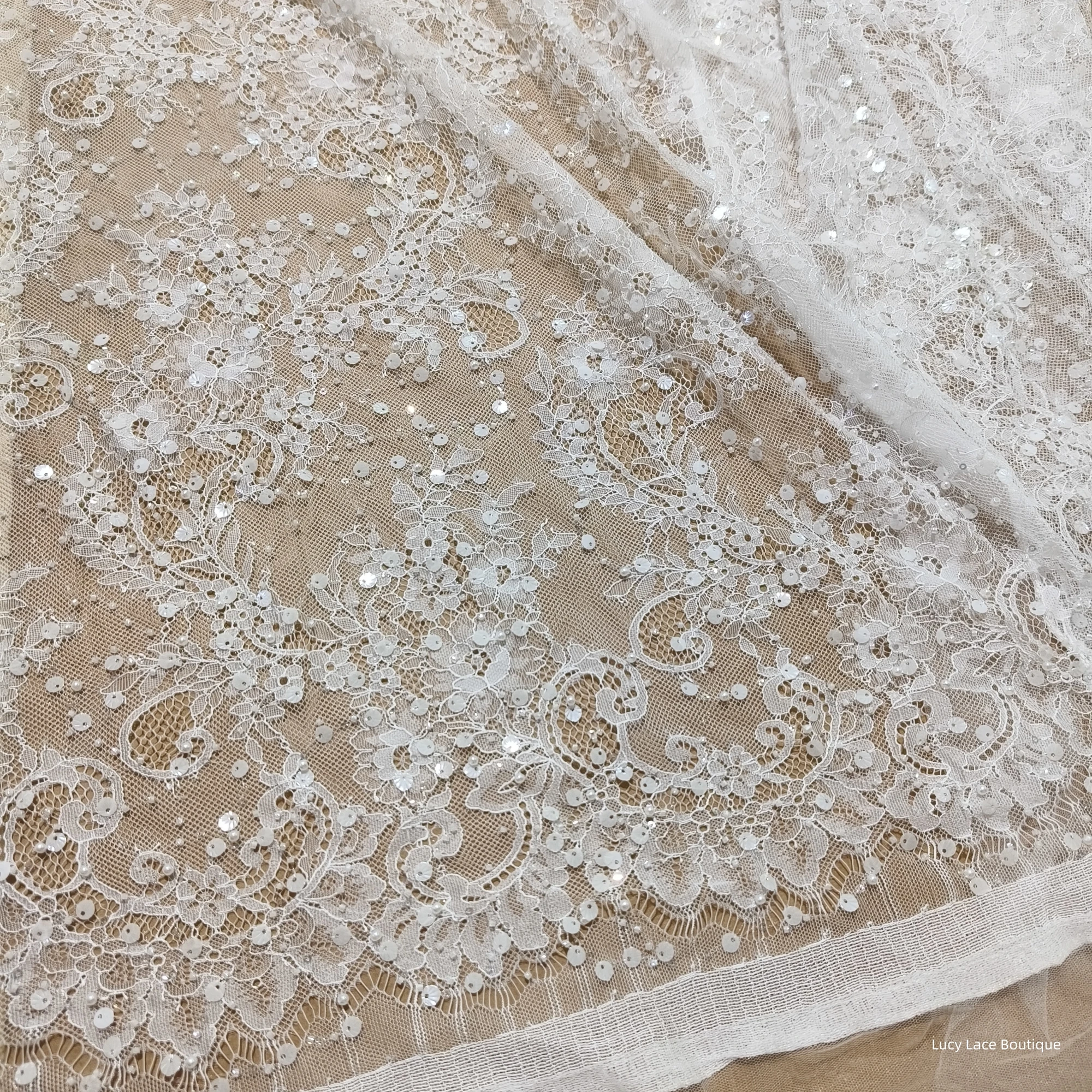 145CM Wide Beaded Lace Fabric in Off White Chantilly Bridal Fabric Panel 3M/Piece Luxury Exquisite French Lace 2024 NEW!