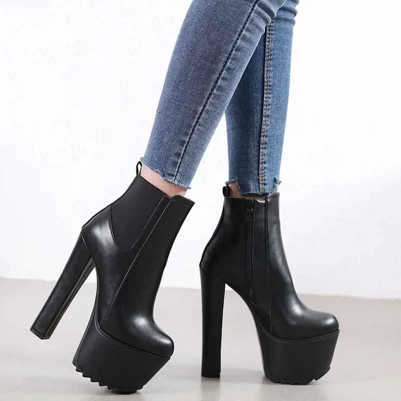 16CM Thick High Heel Shoes Womens Platform Elastic Band Side Zipper Chelsea Boots Black Ankle Boot Zapatos Para Mujeres