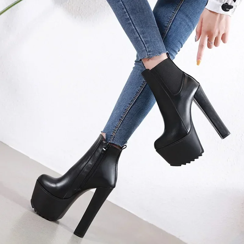 16CM Thick High Heel Shoes Womens Platform Elastic Band Side Zipper Chelsea Boots Black Ankle Boot Zapatos Para Mujeres