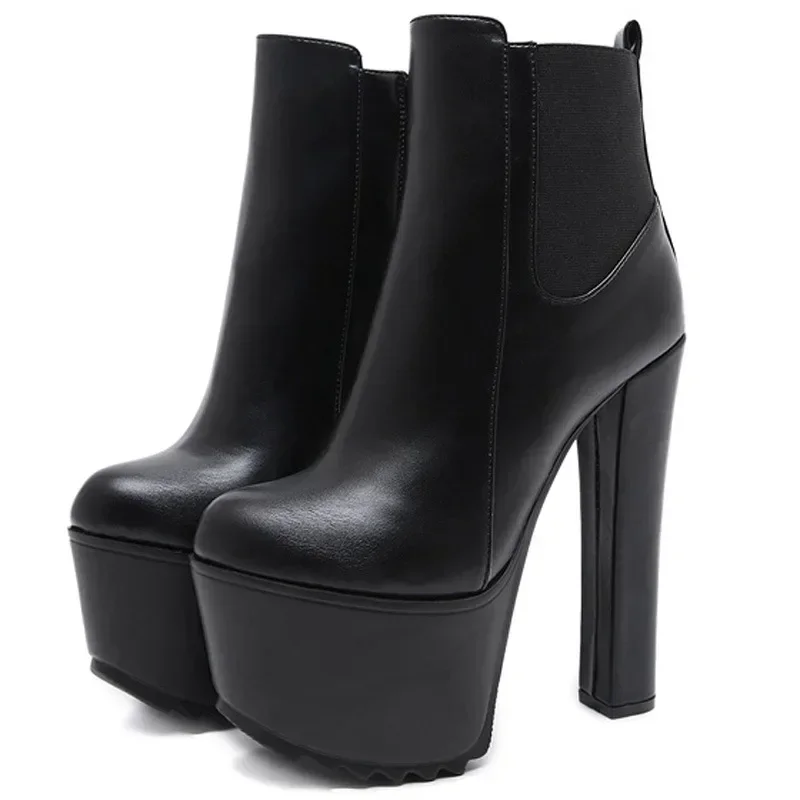 16CM Thick High Heel Shoes Womens Platform Elastic Band Side Zipper Chelsea Boots Black Ankle Boot Zapatos Para Mujeres