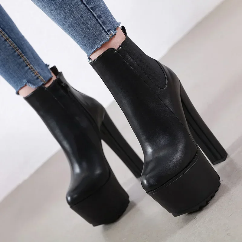 16CM Thick High Heel Shoes Womens Platform Elastic Band Side Zipper Chelsea Boots Black Ankle Boot Zapatos Para Mujeres