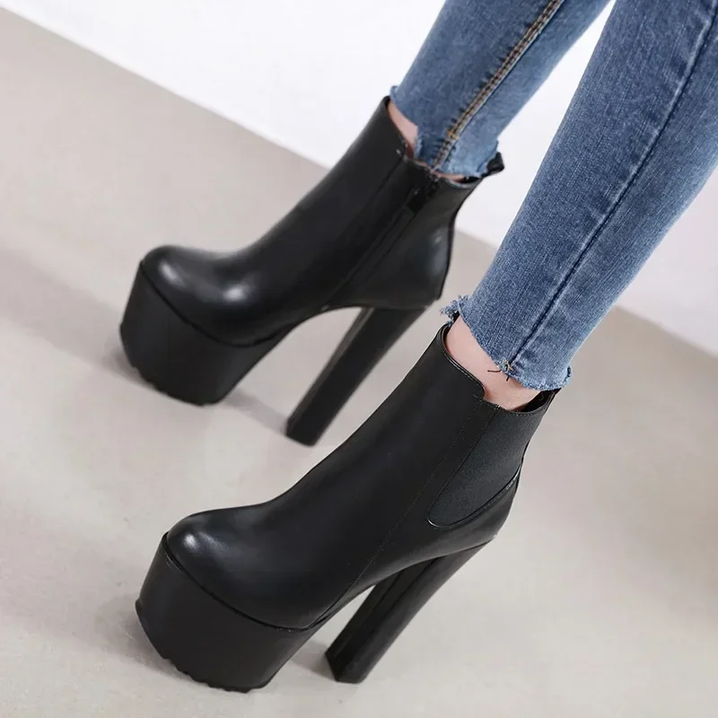16CM Thick High Heel Shoes Womens Platform Elastic Band Side Zipper Chelsea Boots Black Ankle Boot Zapatos Para Mujeres