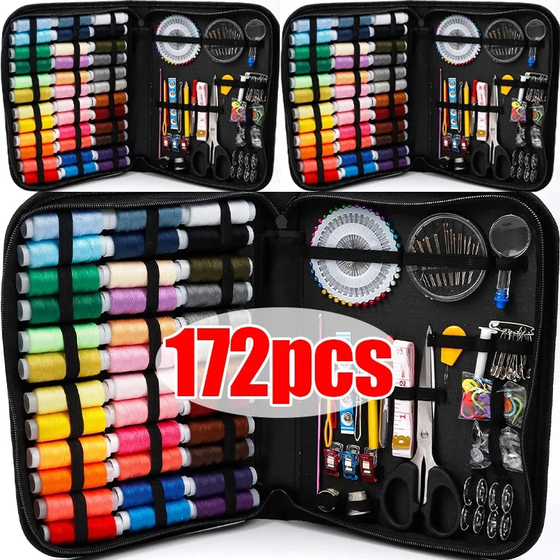 172/128/67/27pcs/set Sewing Kit with Threads Needles Scissors Tape Measure Buttons Storage Bag Portable Travel Sewing Box Tools