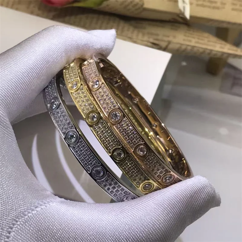 18k Gold Plated Luxury Inspired Bracelet Ring 3 Row Fully Encrusted With Zircons Open Bangle Fashion Party Wear Jewelry Gift