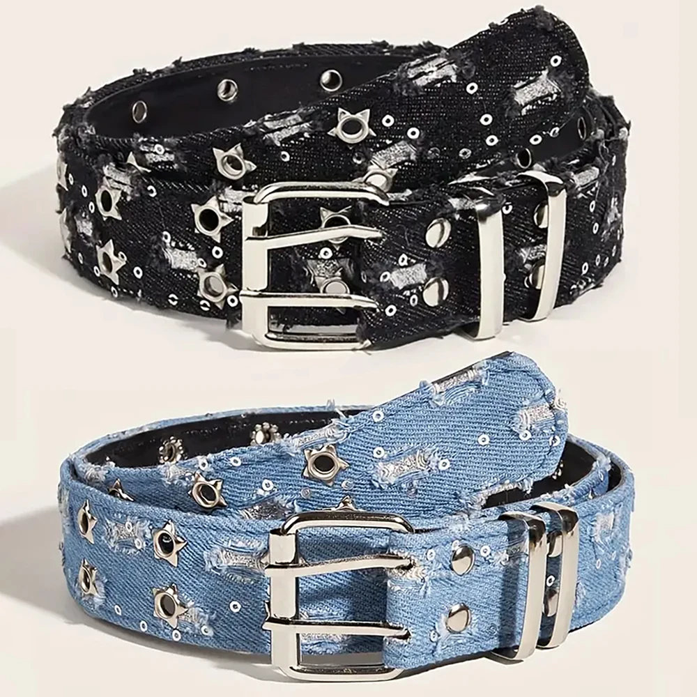 1Pc Fashion Luxury Belt Black Punk Accessories Blue Denim Girdle HipHop Y2k Star Hollowed Pin Buckle Waistband，For Men Women