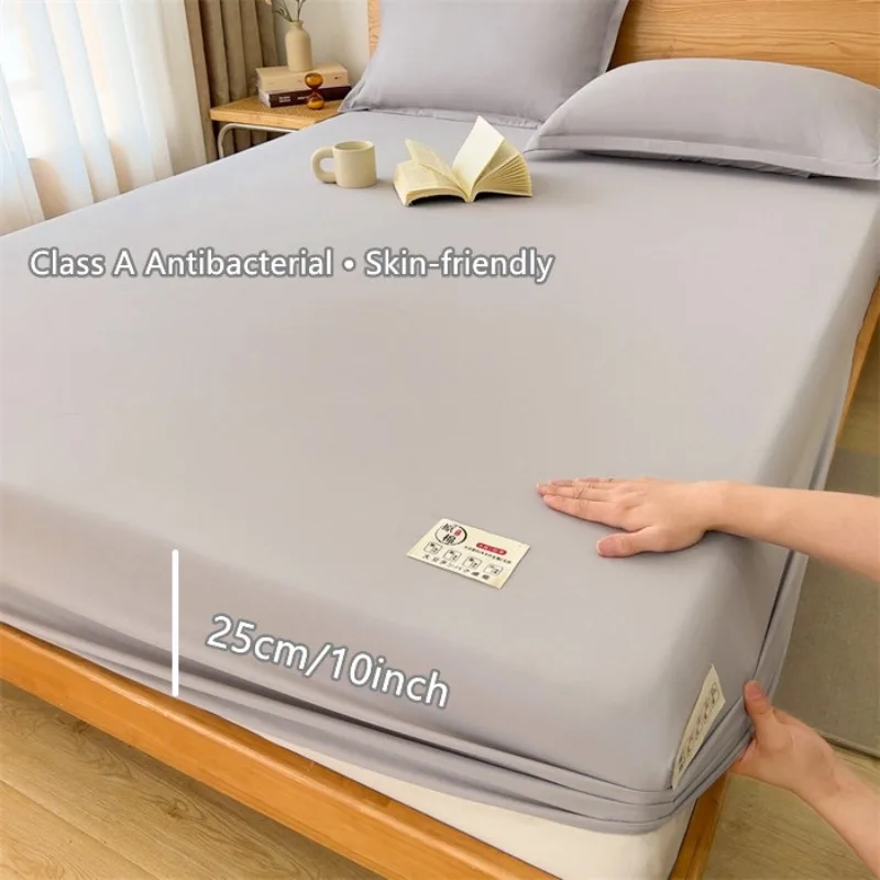 1Pc Fitted Antibacterial Queen Bed Sheet with Elastic Band Solid Color Anti-slip Adjustable Mattress Cover for Single Double