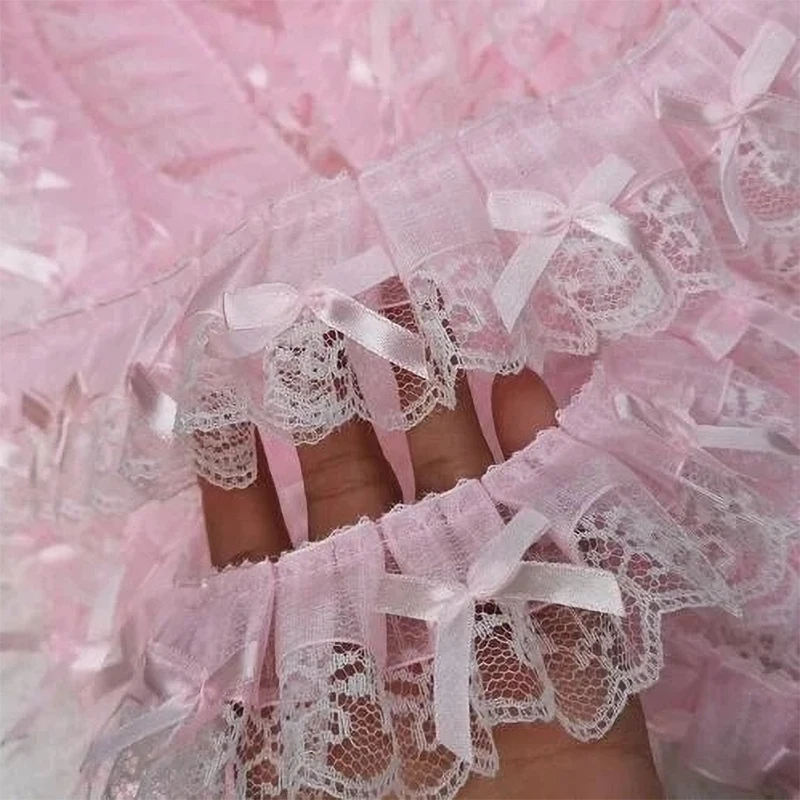 1Yard Pink Ruffle Wave Bow Embroidery Lace Fabric Trim DIY Clothing Wedding Home Gift Decoration Handmade Sewing Crafts Supplies