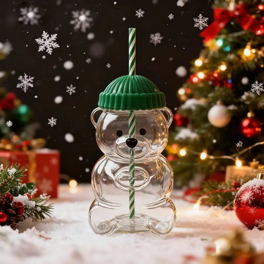 1pc New cute little bear plastic cup with lid and straw, teddy bear cold drink cup, suitable for coffee cola and milk