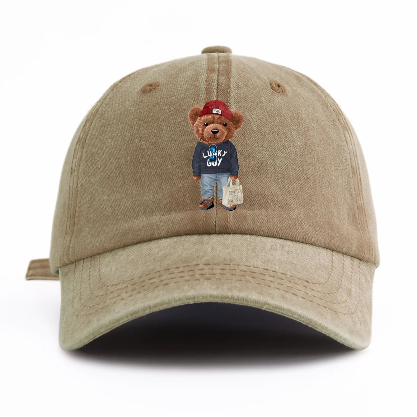 1pc Tote-bag Bear Print Washed Baseball Cap for Adults, Minimalist Retro Style Casual Soft Adjustable Dad Hat, Perfect As Gift