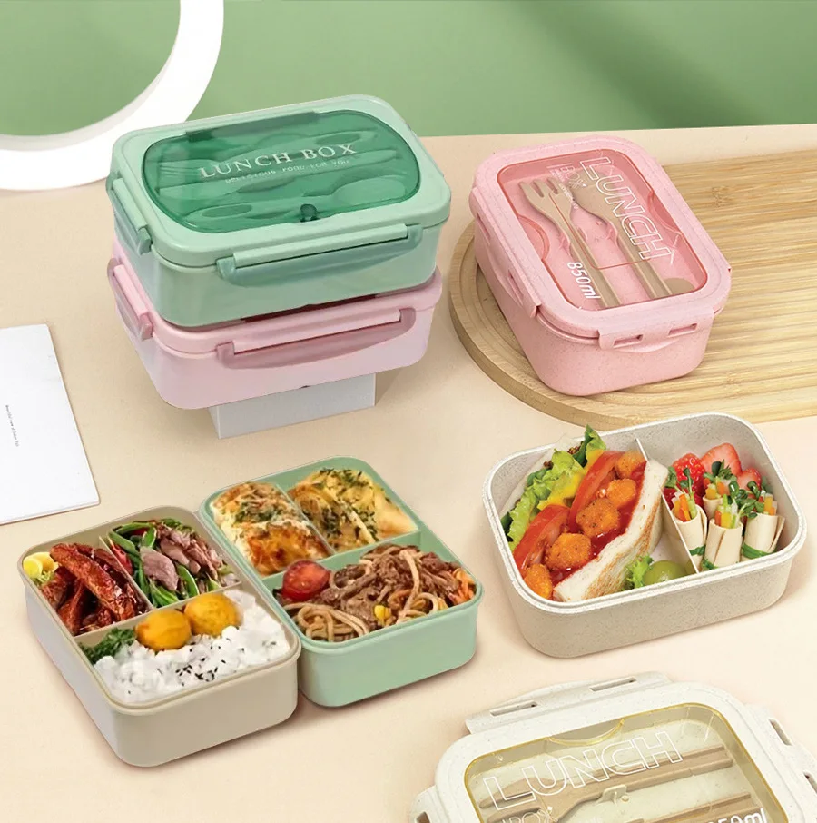 1pc lunch box with two compartments, built-in cutlery set, reusable and microwave heated (with lid removed), suitable for kitche