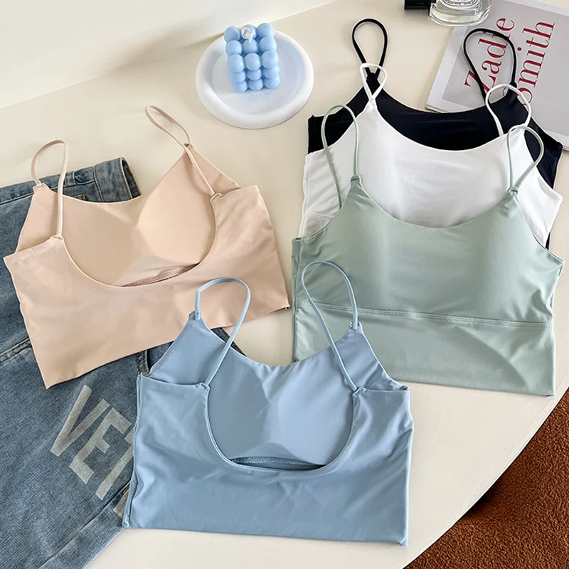 1pcs Girls Straps Vests Women Ice Silk Bras Ladys Inside Wear Camisoles Slim With Padded Underwears Summer Female Sexy Tank Tops