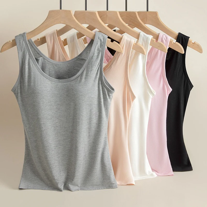 1pcs Women's Vest Tops Round Neck Vests Solid Color Padded Slim Fit Tank Tops Sexy Feminino Casual Tank Tops With Built In Bras