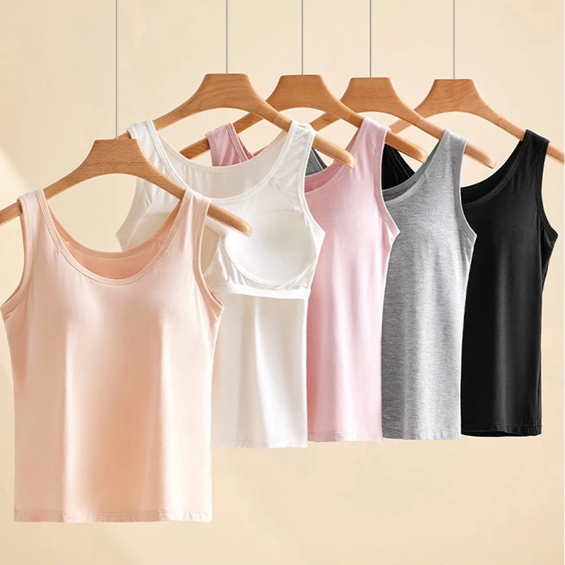 1pcs Women's Vest Tops Round Neck Vests Solid Color Padded Slim Fit Tank Tops Sexy Feminino Casual Tank Tops With Built In Bras
